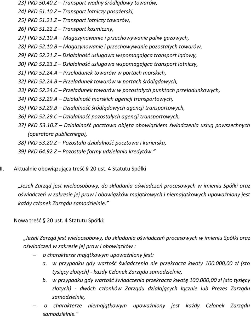 Z Działalność usługowa wspomagająca transport lotniczy, 31) PKD 52.24.A Przeładunek towarów w portach morskich, 32) PKD 52.24.B Przeładunek towarów w portach śródlądowych, 33) PKD 52.24.C Przeładunek towarów w pozostałych punktach przeładunkowych, 34) PKD 52.