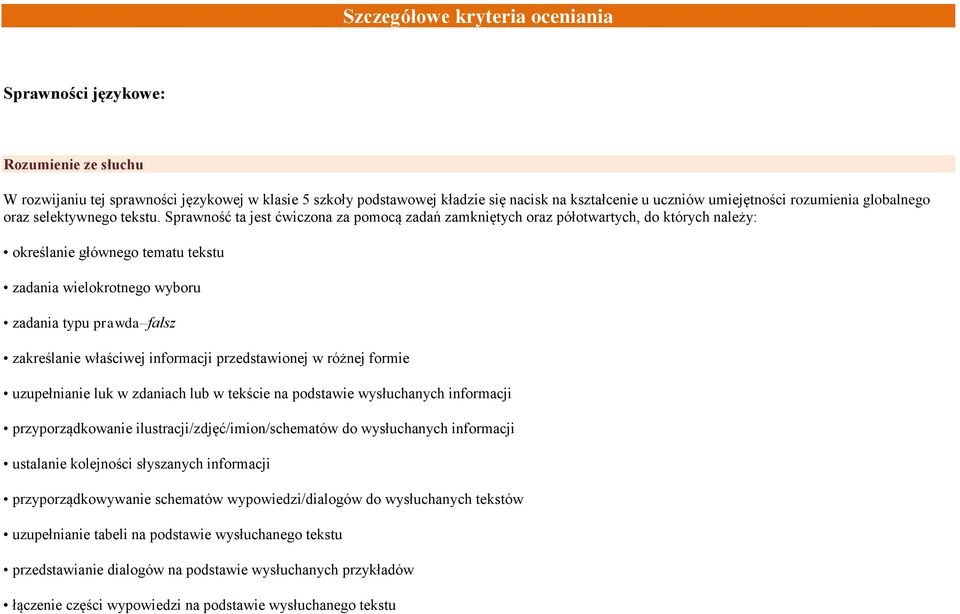 Sprawność ta jest ćwiczona za pomocą zadań zamkniętych oraz półotwartych, do których należy: określanie głównego tematu tekstu zadania wielokrotnego wyboru zadania typu prawda fałsz zakreślanie