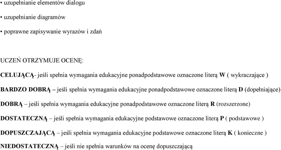 spełnia wymagania edukacyjne ponadpodstawowe oznaczone literą R (rozszerzone) DOSTATECZNĄ jeśli spełnia wymagania edukacyjne podstawowe oznaczone literą P (