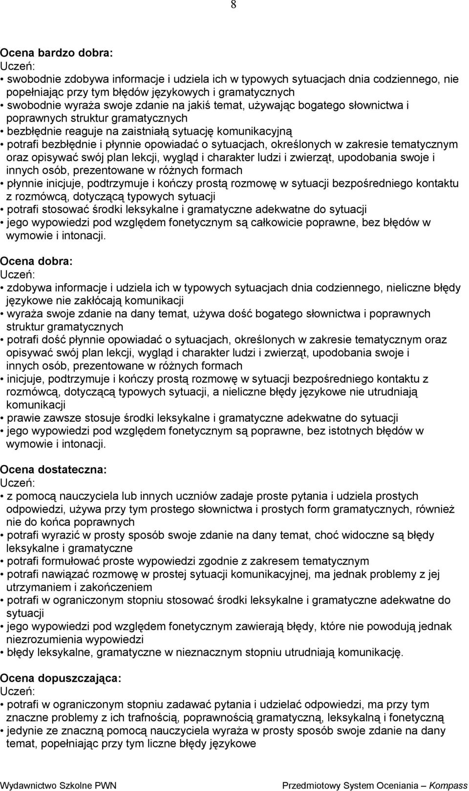 w zakresie tematycznym oraz opisywać swój plan lekcji, wygląd i charakter ludzi i zwierząt, upodobania swoje i innych osób, prezentowane w różnych formach płynnie inicjuje, podtrzymuje i kończy