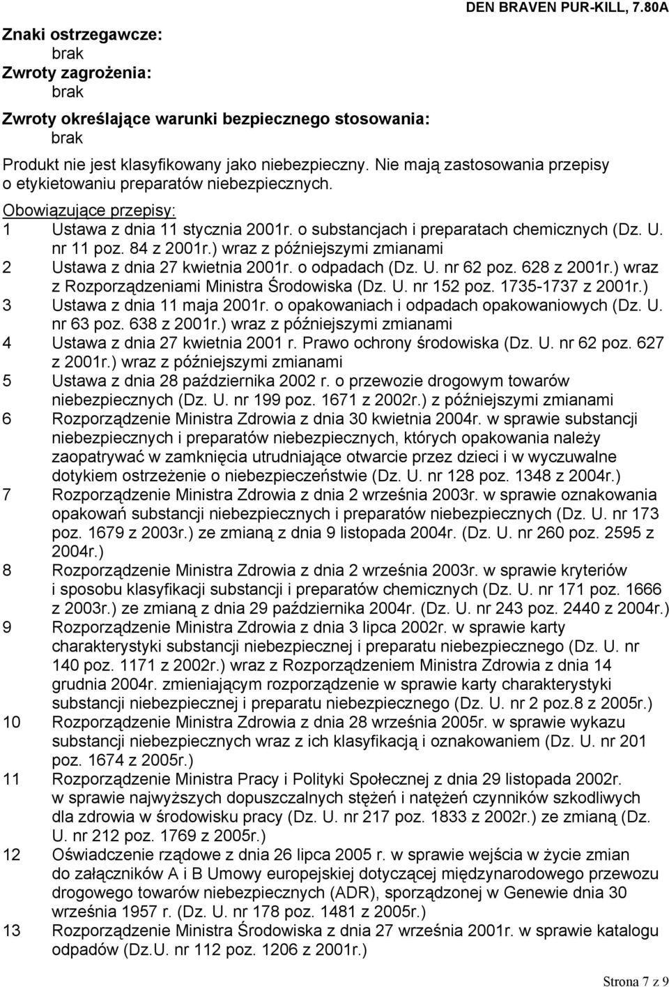 84 z 2001r.) wraz z późniejszymi zmianami 2 Ustawa z dnia 27 kwietnia 2001r. o odpadach (Dz. U. nr 62 poz. 628 z 2001r.) wraz z Rozporządzeniami Ministra Środowiska (Dz. U. nr 152 poz.