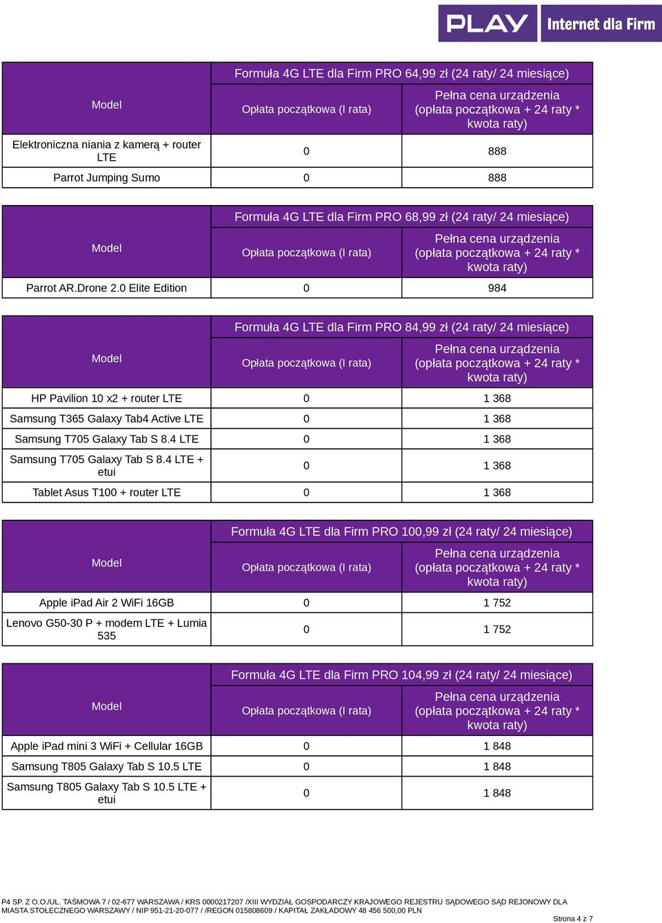 0 Elite Edition 0 984 Formuła 4G LTE dla Firm PRO 84,99 zł (24 raty/ 24 miesiące) HP Pavilion 10 x2 + router LTE 0 1 368 Samsung T365 Galaxy Tab4 Active LTE 0 1 368 Samsung T705 Galaxy Tab S 8.