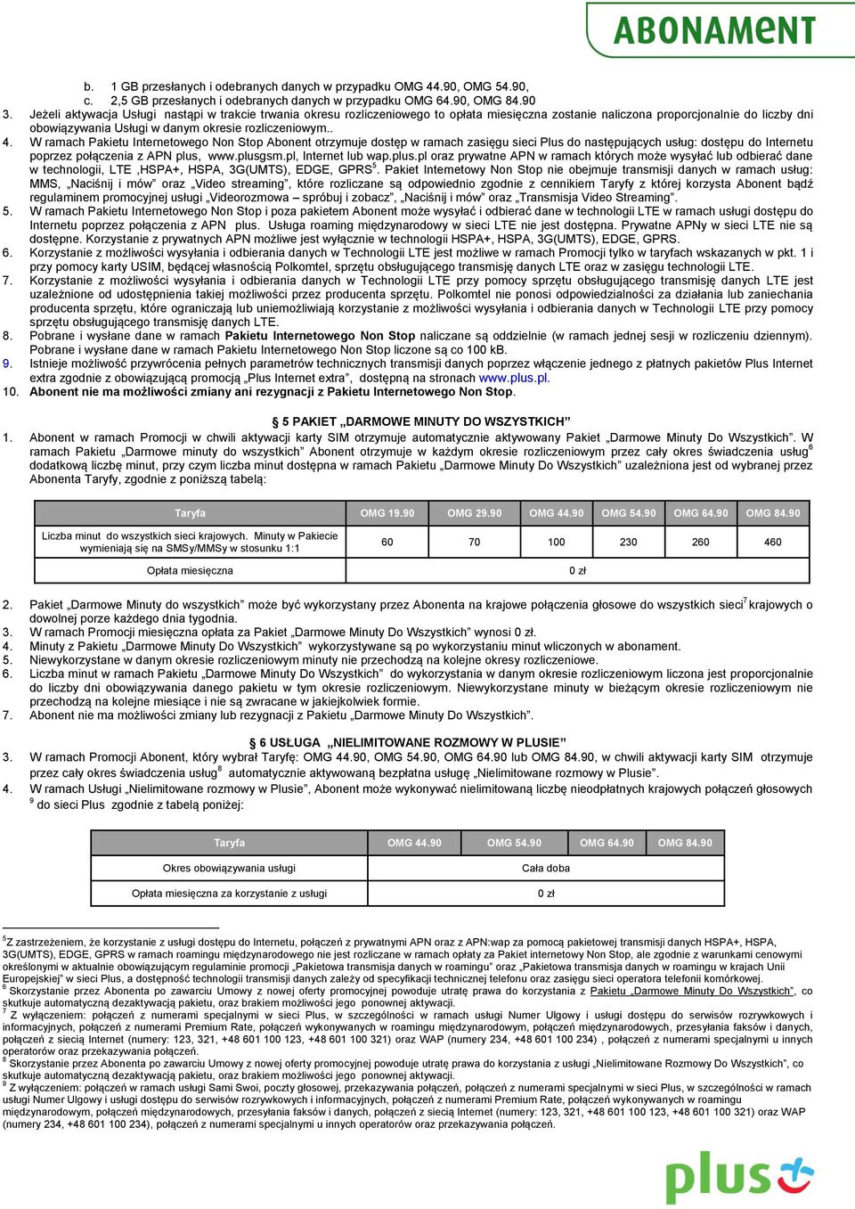 W ramach Pakietu Internetowego Non Stop Abonent otrzymuje dostęp w ramach zasięgu sieci Plus do następujących usług: dostępu do Internetu poprzez połączenia z APN plus, www.plusgsm.