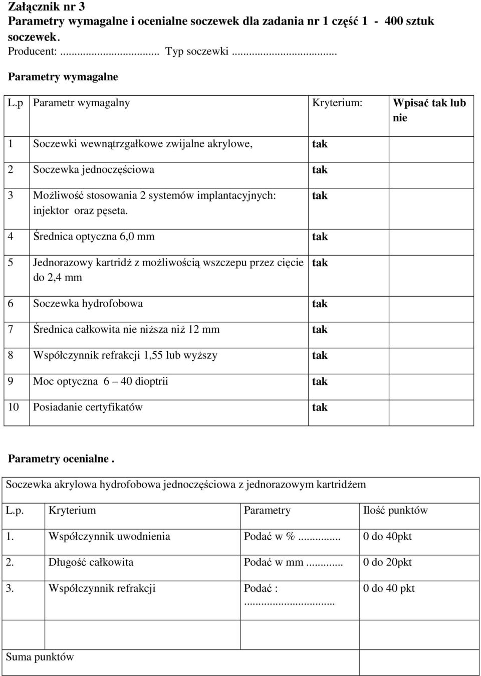 4 Średnica optyczna 6,0 mm 5 Jednorazowy kartridż z możliwością wszczepu przez cięcie do 2,4 mm 6 Soczewka hydrofobowa 7 Średnica całkowita nie niższa niż 12 mm 8 Współczynnik refrakcji 1,55 lub