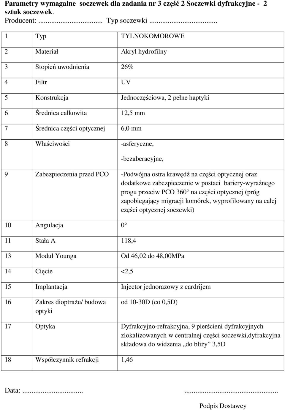 Właściwości -asferyczne, -bezaberacyjne, 9 Zabezpieczenia przed PCO -Podwójna ostra krawędź na części optycznej oraz dodatkowe zabezpieczenie w postaci bariery-wyraźnego progu przeciw PCO 360 na
