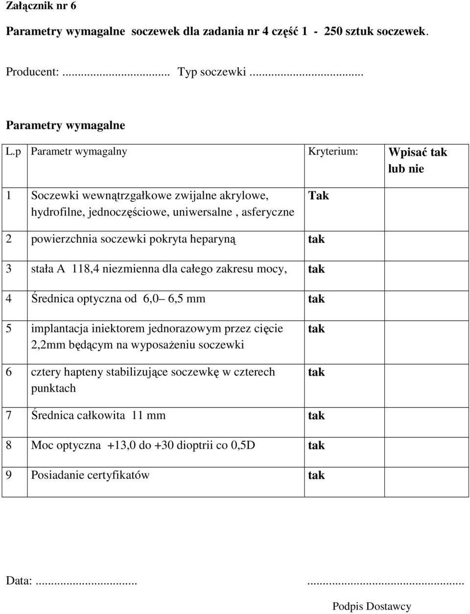 2 powierzchnia soczewki pokryta heparyną 3 stała A 118,4 niezmienna dla całego zakresu mocy, 4 Średnica optyczna od 6,0 6,5 mm 5 implantacja