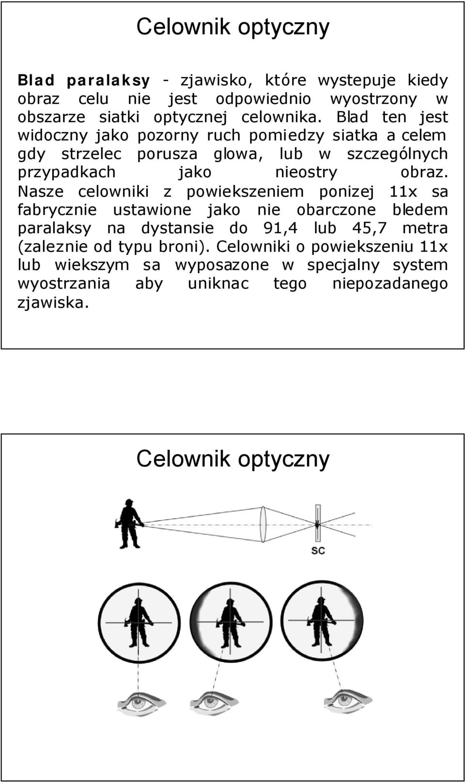 Nasze celowniki z powiekszeniem ponizej 11x sa fabrycznie ustawione jako nie obarczone bledem paralaksy na dystansie do 91,4 lub 45,7 metra (zaleznie