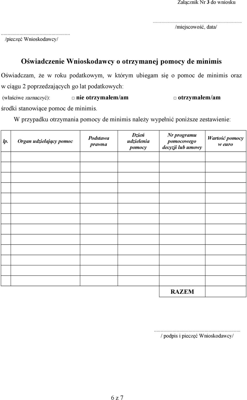 minimis oraz w ciągu 2 poprzedzających go lat podatkowych: (właściwe zaznaczyć): nie otrzymałem/am otrzymałem/am środki stanowiące