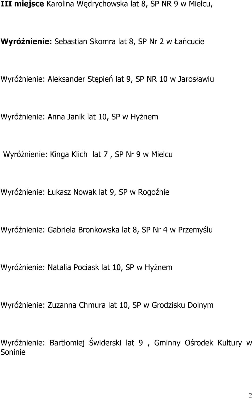 Wyróżnienie: Łukasz Nowak lat 9, SP w Rogoźnie Wyróżnienie: Gabriela Bronkowska lat 8, SP Nr 4 w Przemyślu Wyróżnienie: Natalia Pociask lat