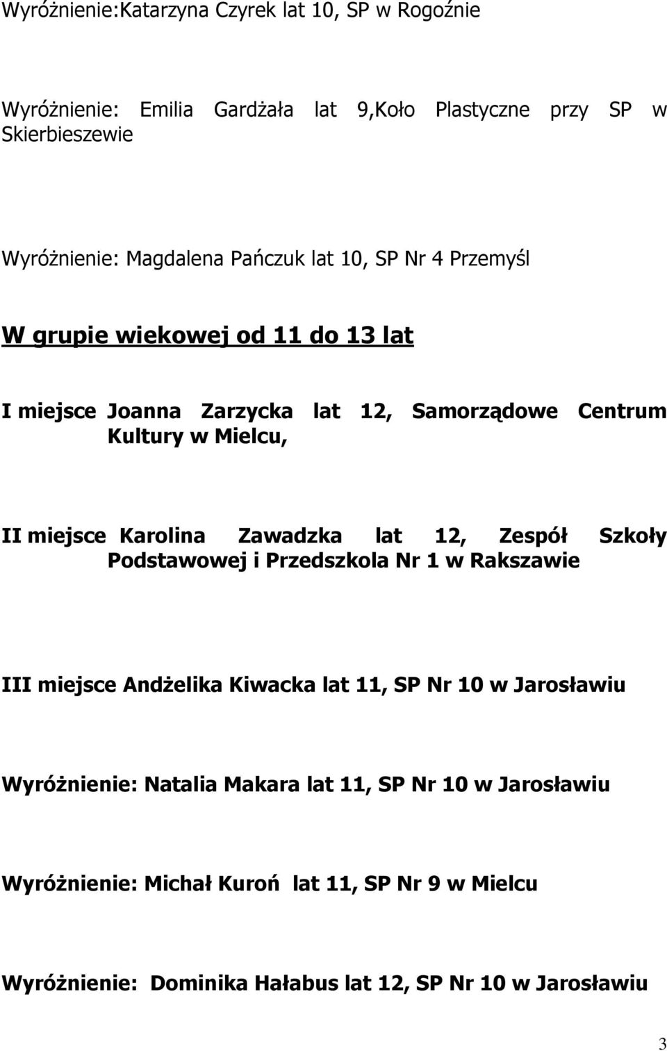 Karolina Zawadzka lat 12, Zespół Szkoły Podstawowej i Przedszkola Nr 1 w Rakszawie III miejsce Andżelika Kiwacka lat 11, SP Nr 10 w Jarosławiu