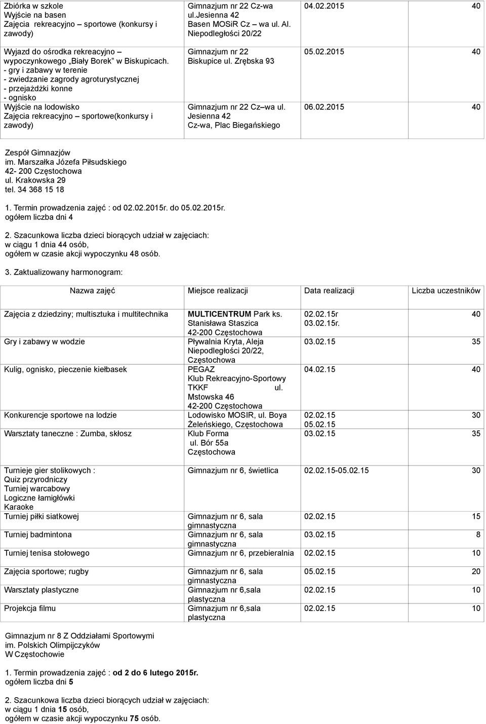 jesienna 42 Basen MOSiR Cz wa ul. Al. Niepodległości 20/22 Gimnazjum nr 22 Biskupice ul. Zrębska 93 Gimnazjum nr 22 Cz wa ul. Jesienna 42 Cz-wa, Plac Biegańskiego 04.02.20 40 05.02.20 40 06.02.20 40 Zespół Gimnazjów im.