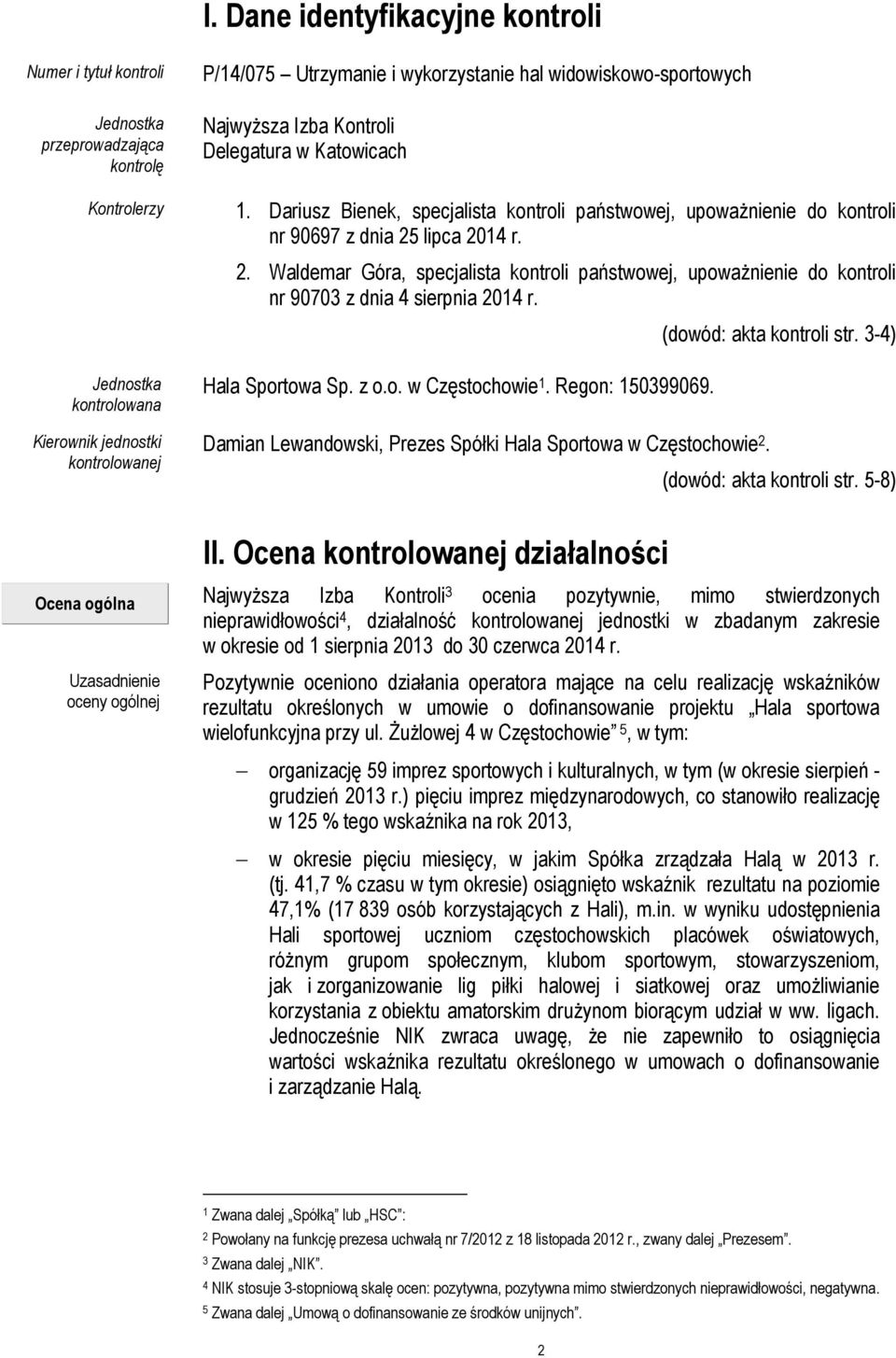 lipca 2014 r. 2. Waldemar Góra, specjalista kontroli państwowej, upoważnienie do kontroli nr 90703 z dnia 4 sierpnia 2014 r. Hala Sportowa Sp. z o.o. w Częstochowie 1. Regon: 150399069.