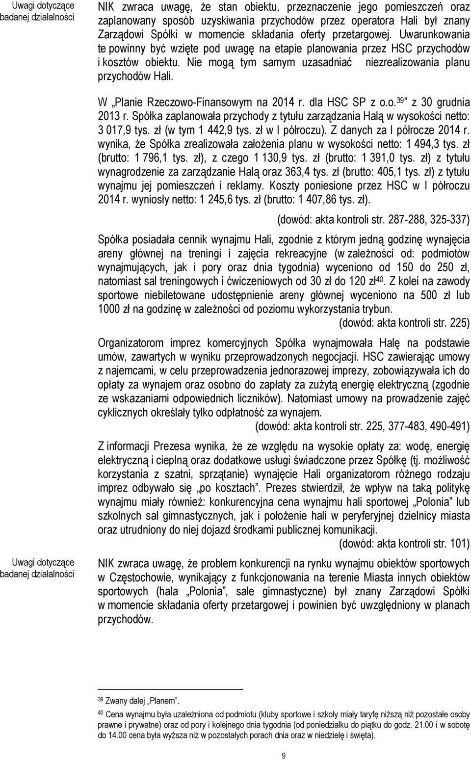 Nie mogą tym samym uzasadniać niezrealizowania planu przychodów Hali. W Planie Rzeczowo-Finansowym na 2014 r. dla HSC SP z o.o. 39 z 30 grudnia 2013 r.