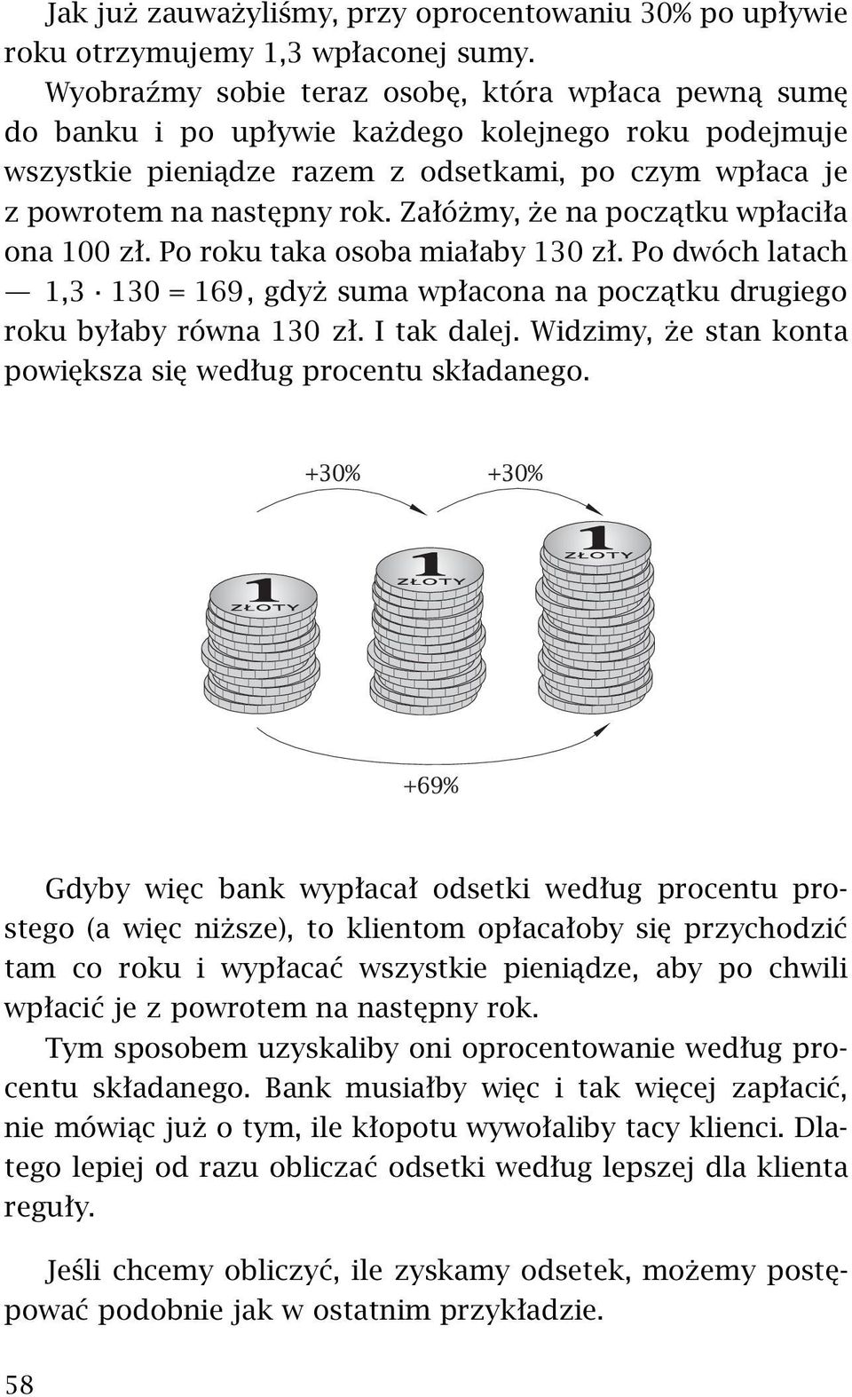 Załóżmy, że na początku wpłaciła ona 100 zł. Po roku taka osoba miałaby 130 zł. Po dwóch latach 1,3 130 = 169, gdyż suma wpłacona na początku drugiego roku byłaby równa 130 zł. I tak dalej.