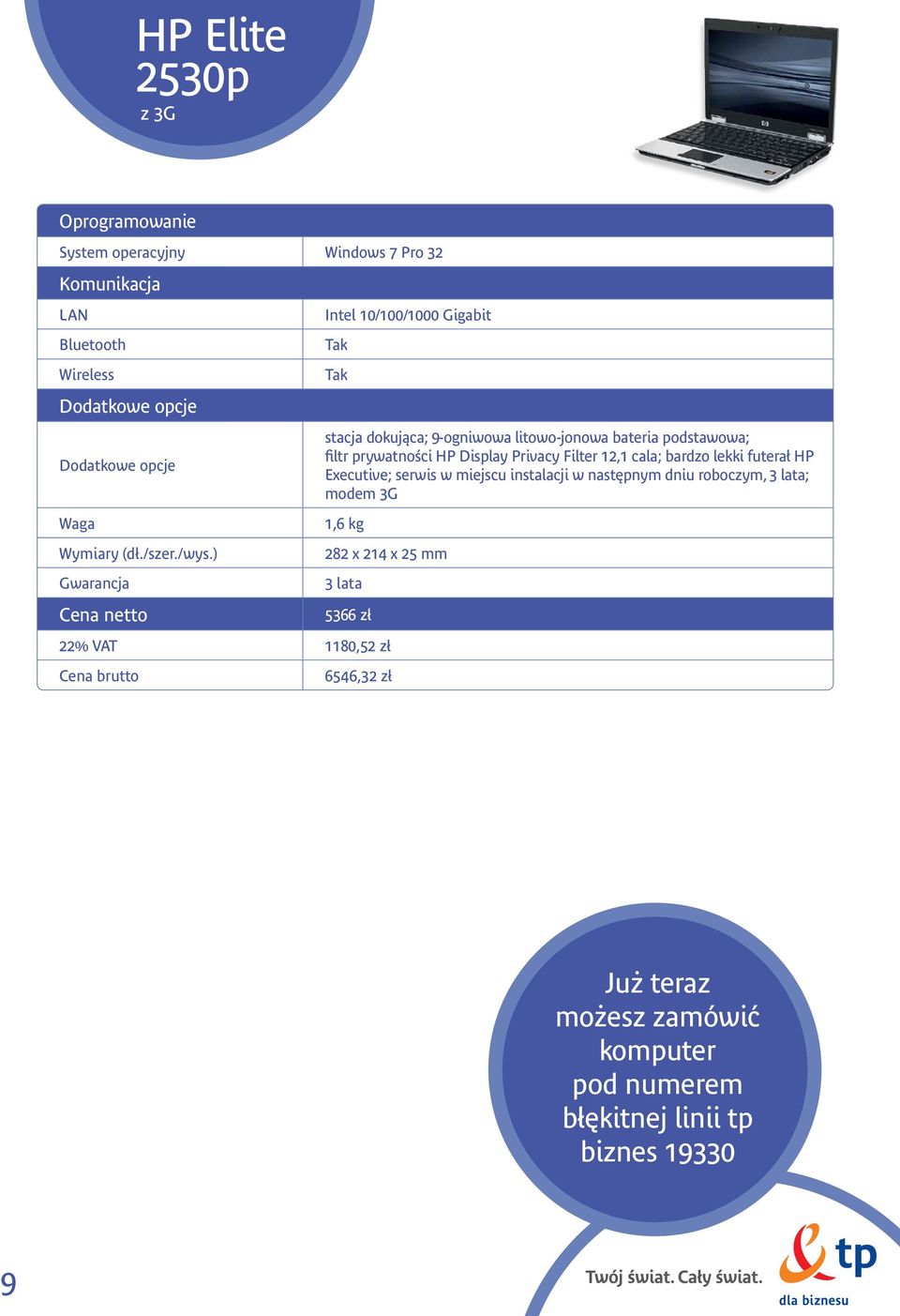 Privacy Filter 12,1 cala; bardzo lekki futerał HP Executive; serwis w miejscu instalacji w następnym dniu roboczym, 3 lata; modem 3G 1,6 kg