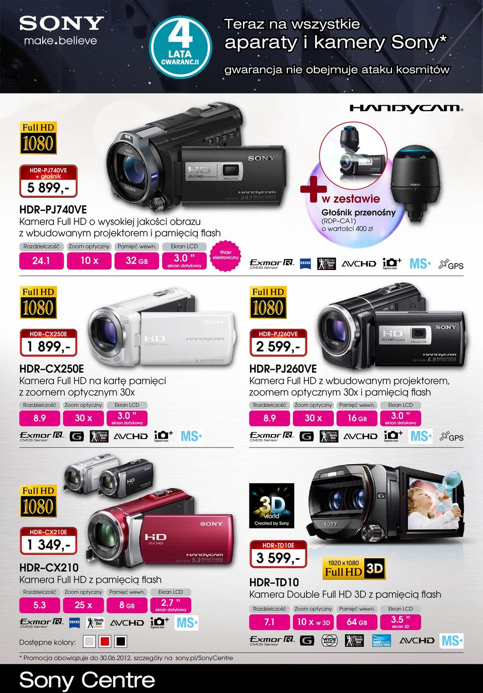 1 10 x 32 GB (RDP CA1) o wartości 400 zł Wizjer elektroniczny HDR CX250E HDR PJ260VE 1 899,- 2 599,- HDR CX250E Kamera Full HD na kartę pamięci z zoomem