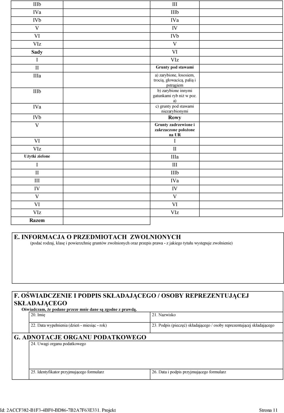 NFORMACJA O PRZEDMOTACH ZWOLNONYCH (podać rodzaj, klasę i powierzchnię gruntów zwolnionych oraz przepis prawa - z jakiego tytułu występuje zwolnienie) F.