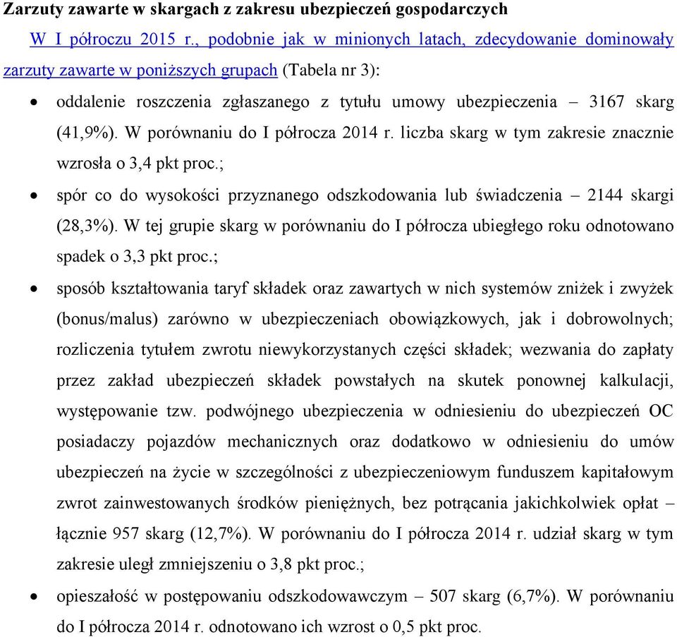 W porównaniu do I półrocza 2014 r. liczba skarg w tym zakresie znacznie wzrosła o 3,4 pkt proc.; spór co do wysokości przyznanego odszkodowania lub świadczenia 2144 skargi (28,3%).