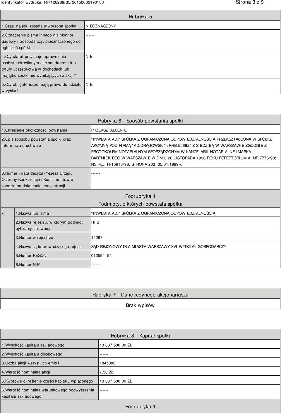 NIEOZNACZONY ------ NIE NIE Rubryka 6 - Sposób powstania spółki 1.Określenie okoliczności powstania 2.Opis sposobu powstania spółki oraz informacja o uchwale 3.