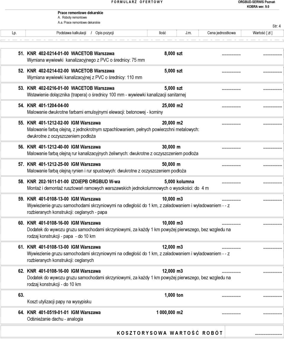 ..... Wstawienie dołącznika (trapera) o średnicy 100 mm - wywiewki kanalizacji sanitarnej 54. KNR 401-1204-04-00 25,000 m2...... Malowanie dwukrotne farbami emulsyjnymi elewacji: betonowej - kominy 55.