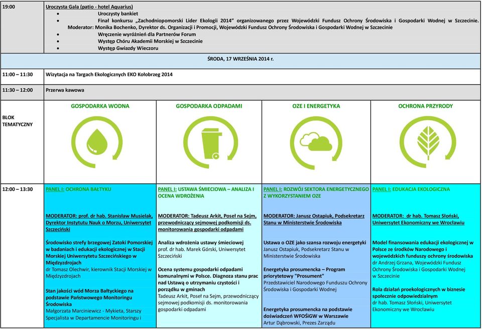 Organizacji i Promocji, Wojewódzki Fundusz Ochrony Środowiska i Gospodarki Wodnej w Szczecinie Wręczenie wyróżnień dla Partnerów Forum Występ Chóru Akademii Morskiej w Szczecinie Występ Gwiazdy