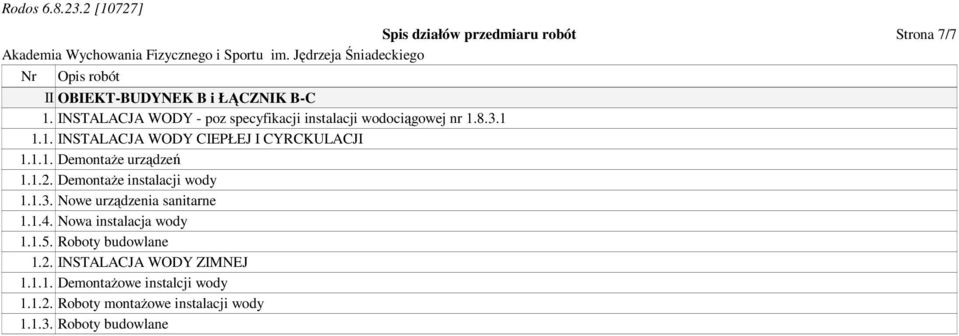 1.2. Demontaże instalacji wody 1.1.3. Nowe urządzenia sanitarne 1.1.4. Nowa instalacja wody 1.1.5. Roboty budowlane 1.