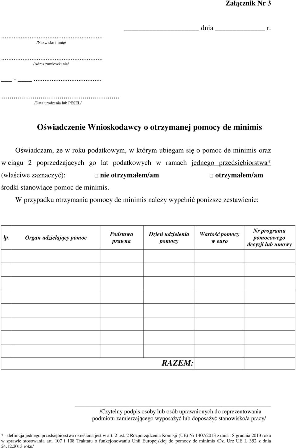 podatkowych w ramach jednego przedsiębiorstwa* (właściwe zaznaczyć): nie otrzymałem/am otrzymałem/am środki stanowiące pomoc de minimis.