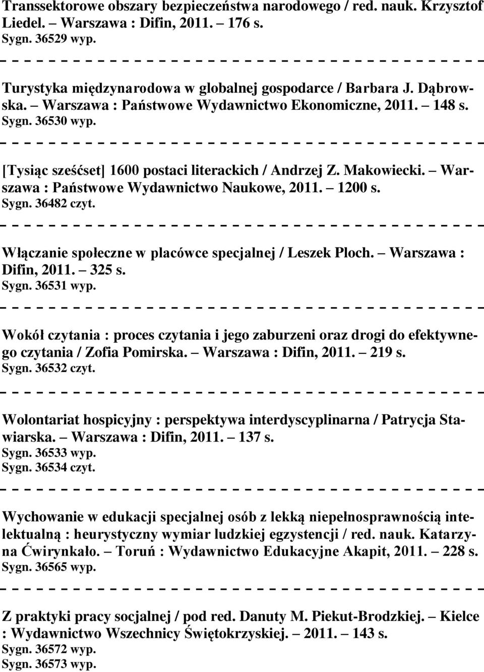 Sygn. 36482 czyt. Włączanie społeczne w placówce specjalnej / Leszek Ploch. Warszawa : Difin, 2011. 325 s. Sygn. 36531 wyp.