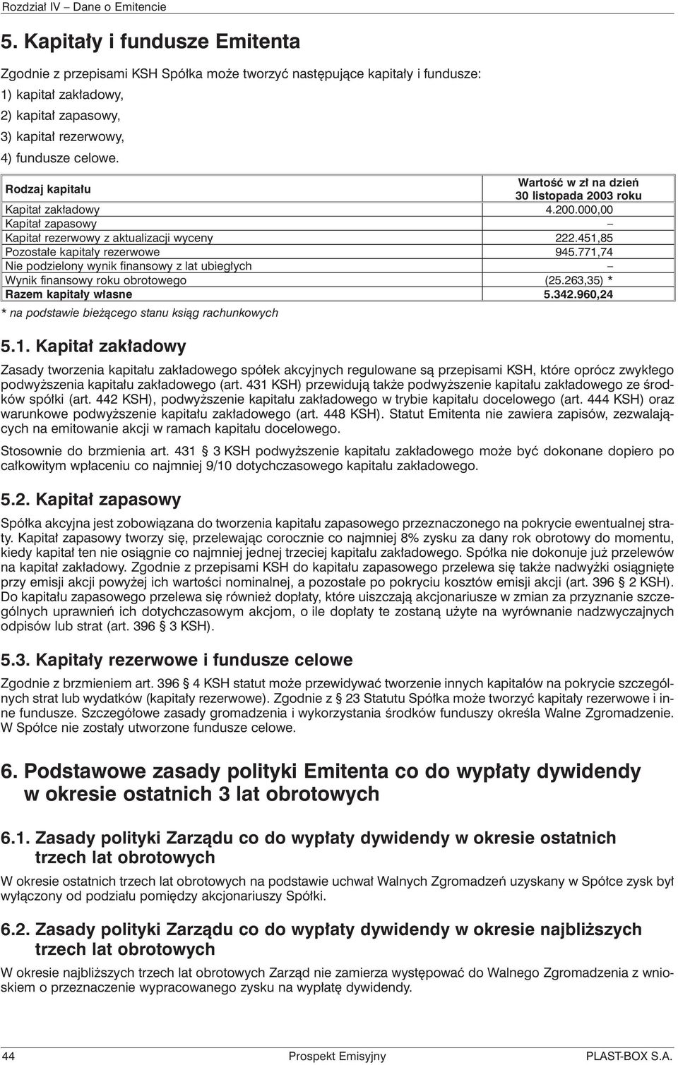 771,74 Nie podzielony wynik finansowy z lat ubiegłych Wynik finansowy roku obrotowego (25.263,35) * Razem kapitały własne 5.342.960,24 * na podstawie bieżącego stanu ksiąg rachunkowych 5.1. Kapitał zakładowy Zasady tworzenia kapitału zakładowego spółek akcyjnych regulowane są przepisami KSH, które oprócz zwykłego podwyższenia kapitału zakładowego (art.