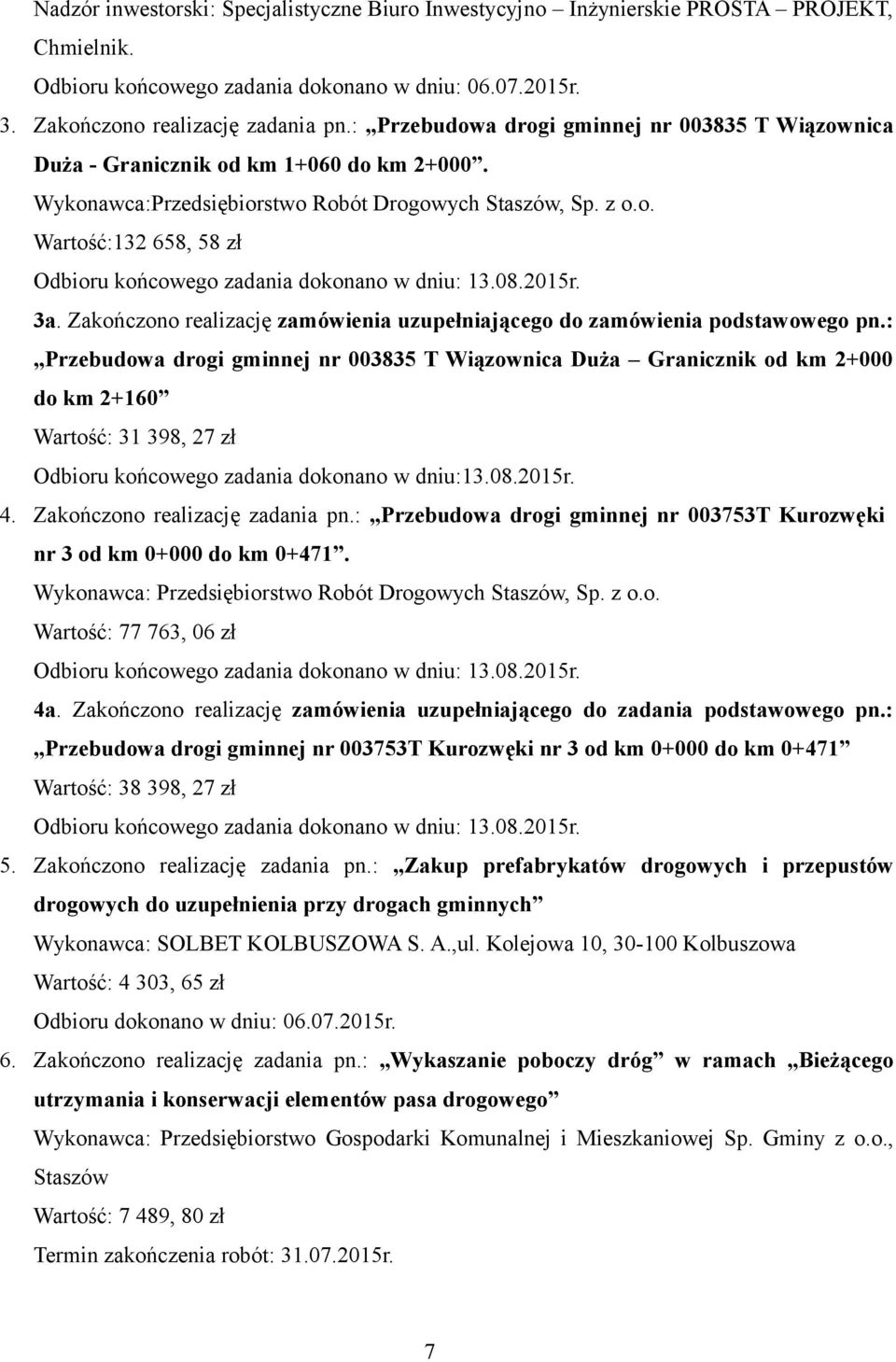 08.2015r. 3a. Zakończono realizację zamówienia uzupełniającego do zamówienia podstawowego pn.