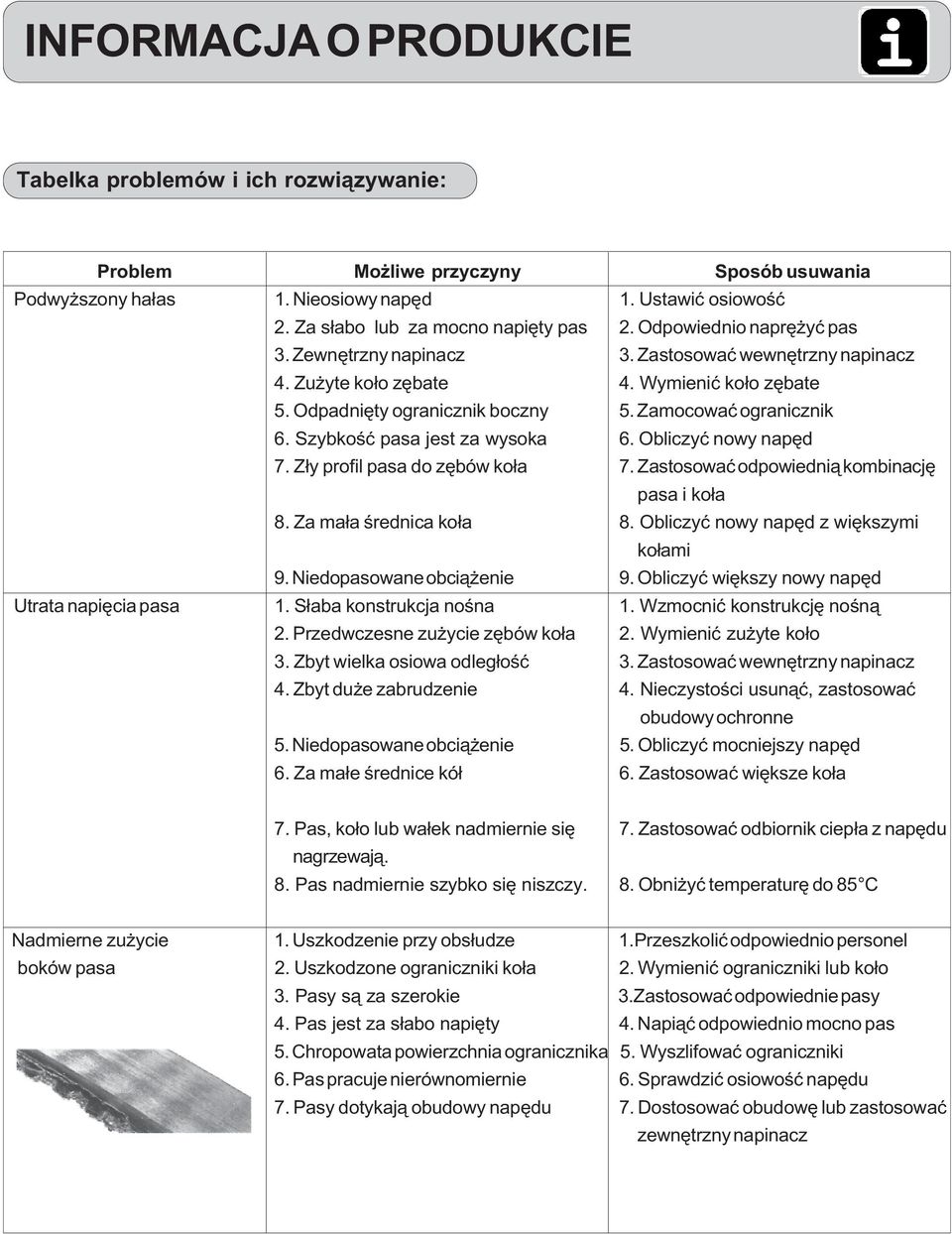 Szybkoœæ pasa jest za wysoka 6. Obliczyæ nowy napêd 7. Z³y profil pasa do zêbów ko³a 7. Zastosowaæ odpowiedni¹ kombinacjê 8. Za ma³a œrednica ko³a 8. Obliczyæ nowy napêd z wiêkszymi ko³ami 9.