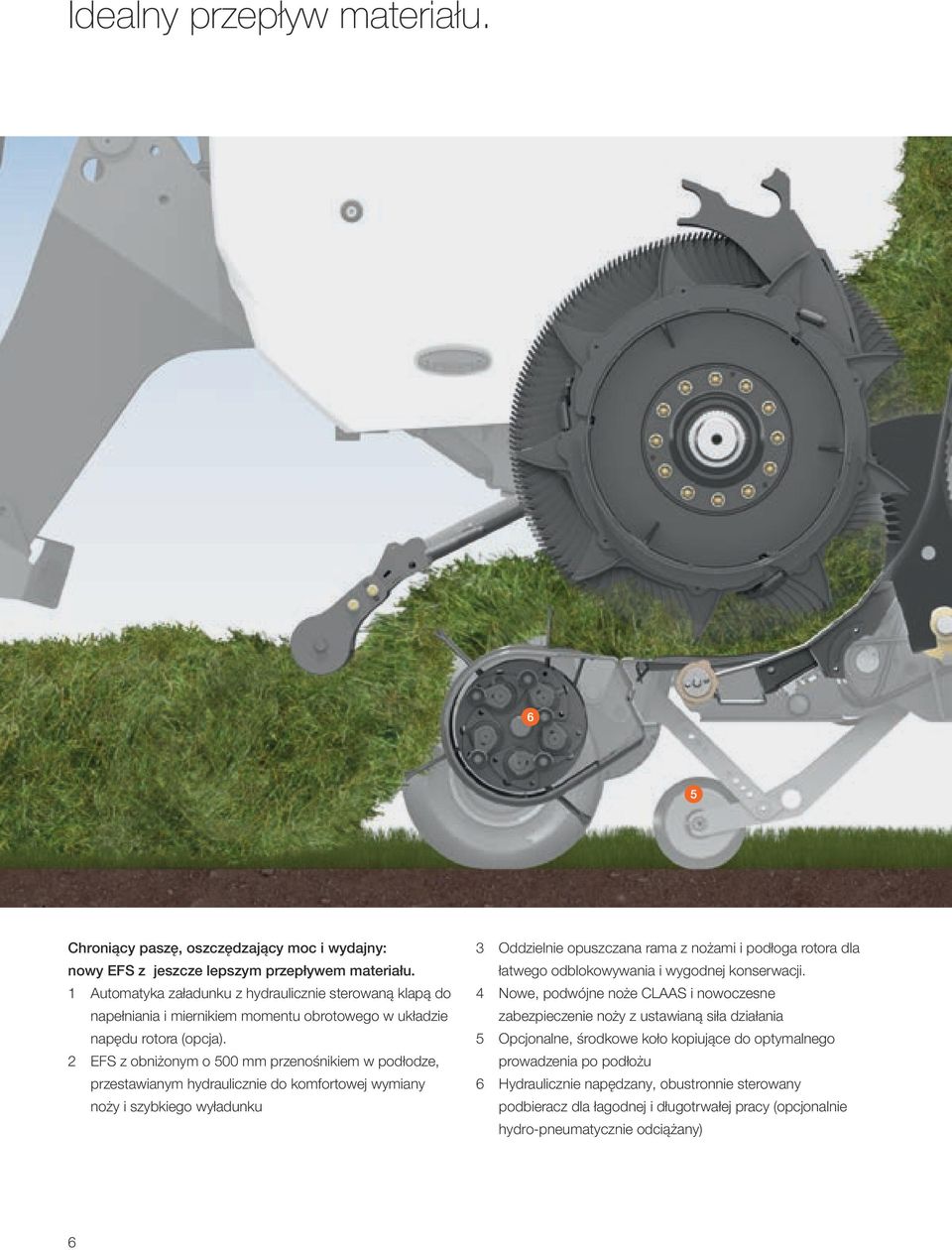 2 EFS z obniżonym o 500 mm przenośnikiem w podłodze, przestawianym hydraulicznie do komfortowej wymiany noży i szybkiego wyładunku 3 Oddzielnie opuszczana rama z nożami i podłoga rotora dla łatwego