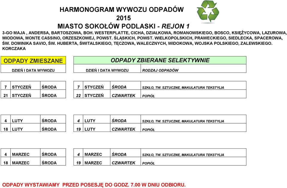 WIELKOPOLSKICH, PRAWECKIEGO, SIEDLECKA, SPACEROWA, ŚW. DOMINIKA SAVIO, ŚW. HUBERTA, ŚWITALSKIEGO, TĘCZOWA, WALECZNYCH, WIDOKOWA, WOJSKA POLSKIEGO, ZALEWSKIEGO.