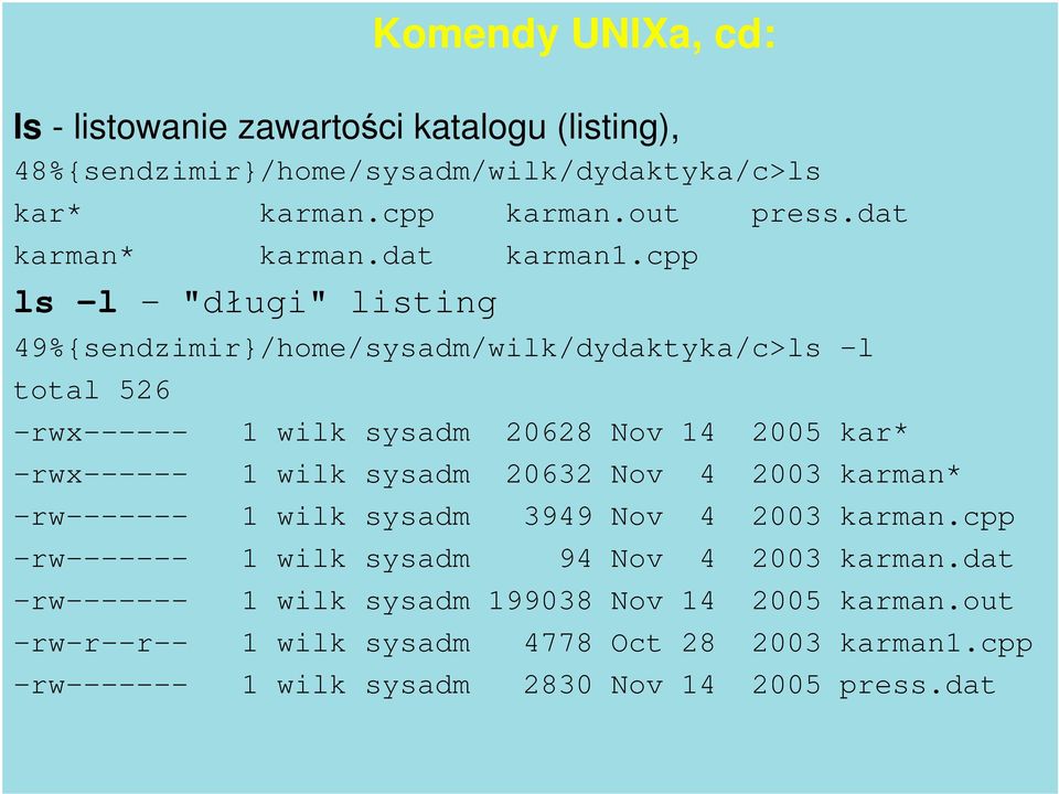 cpp ls l "długi" listing 49%{sendzimir}/home/sysadm/wilk/dydaktyka/c>ls -l total 526 -rwx------ -rwx------ -rw------- -rw------- -rw------- 1 wilk sysadm