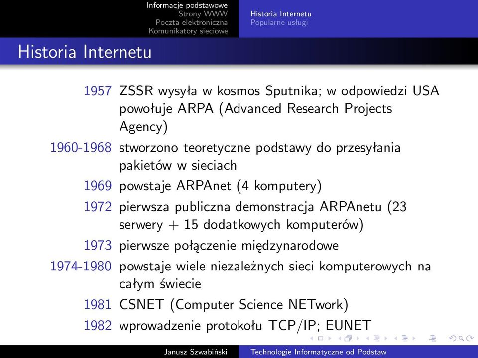 komputery) 1972 pierwsza publiczna demonstracja ARPAnetu (23 serwery + 15 dodatkowych komputerów) 1973 pierwsze połączenie międzynarodowe