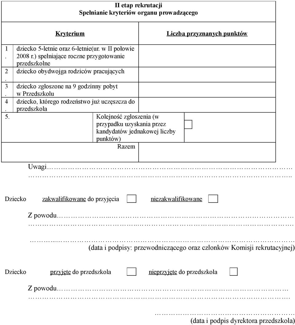 przedszkola 5 Kolejność zgłoszenia (w przypadku uzyskania przez kandydatów jednakowej liczby punktów) Razem Uwagi Dziecko zakwalifikowane do przyjęcia zakwalifikowane Z