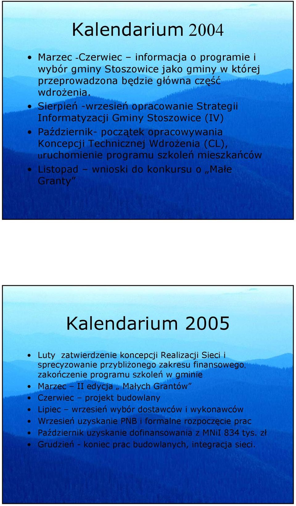 Listopad wnioski do konkursu o Małe Granty Kalendarium 2005 Luty zatwierdzenie koncepcji Realizacji Sieci i sprecyzowanie przybliżonego zakresu finansowego, zakończenie programu szkoleń w gminie