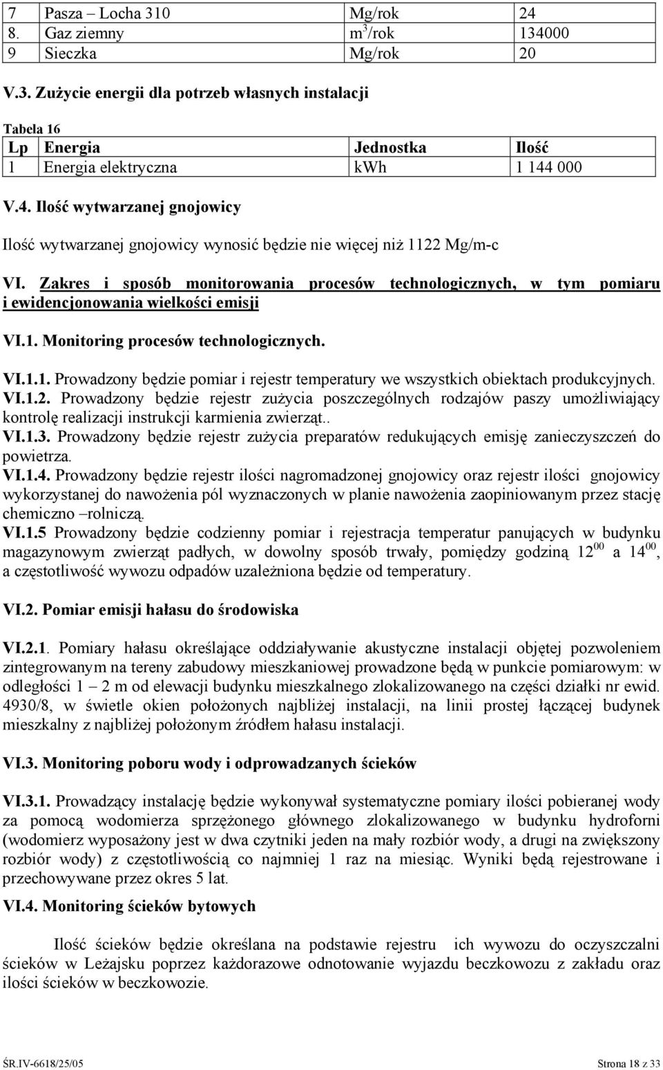 Zakres i sposób monitorowania procesów technologicznych, w tym pomiaru i ewidencjonowania wielkości emisji VI.1. Monitoring procesów technologicznych. VI.1.1. Prowadzony będzie pomiar i rejestr temperatury we wszystkich obiektach produkcyjnych.
