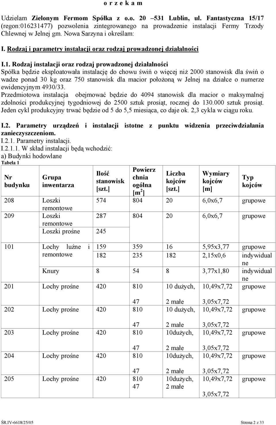 Rodzaj instalacji oraz rodzaj prowadzonej działalności Spółka będzie eksploatowała instalację do chowu świń o więcej niż 2000 stanowisk dla świń o wadze ponad 30 kg oraz 750 stanowisk dla macior