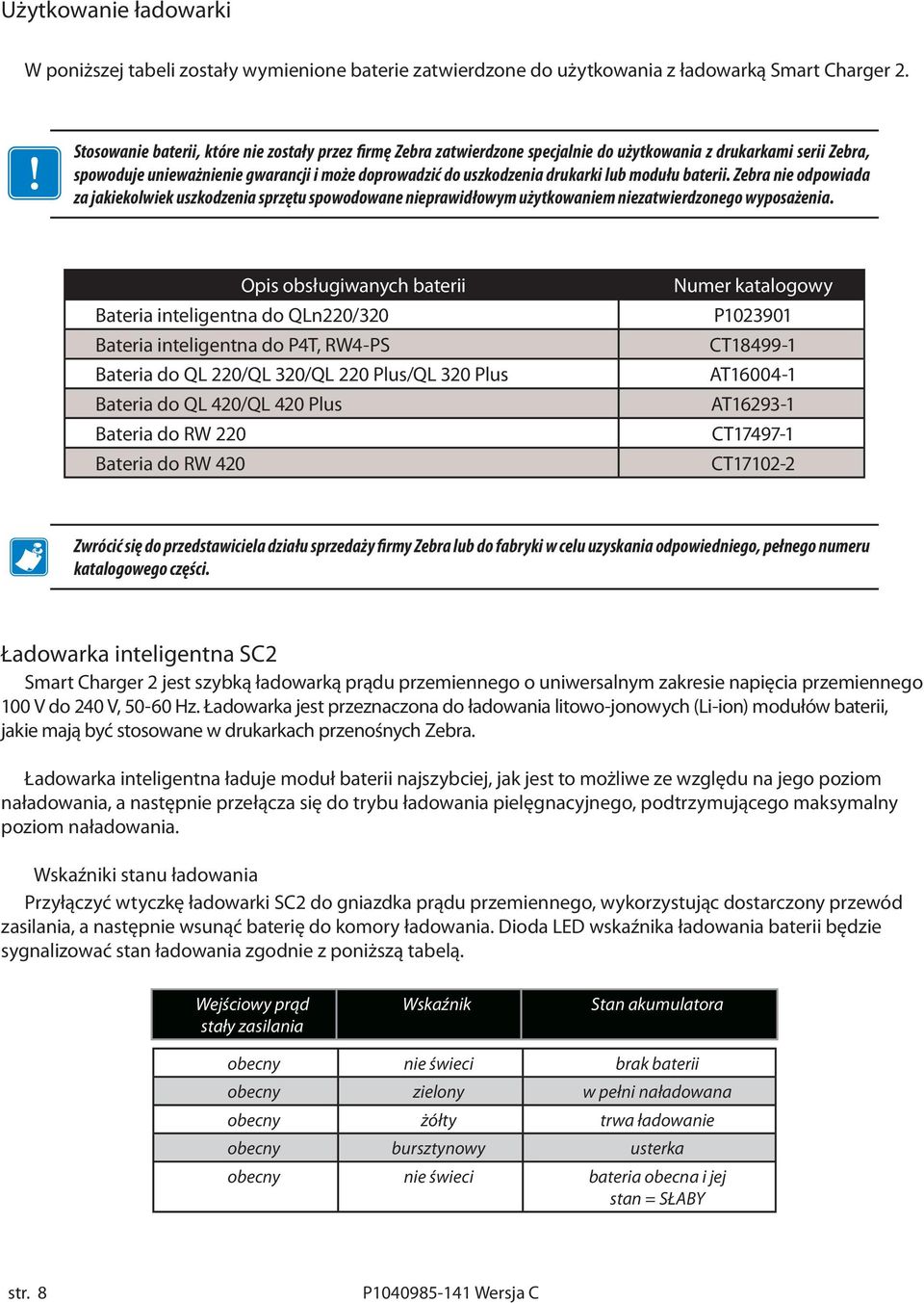lub modułu baterii. Zebra nie odpowiada za jakiekolwiek uszkodzenia sprzętu spowodowane nieprawidłowym użytkowaniem niezatwierdzonego wyposażenia.