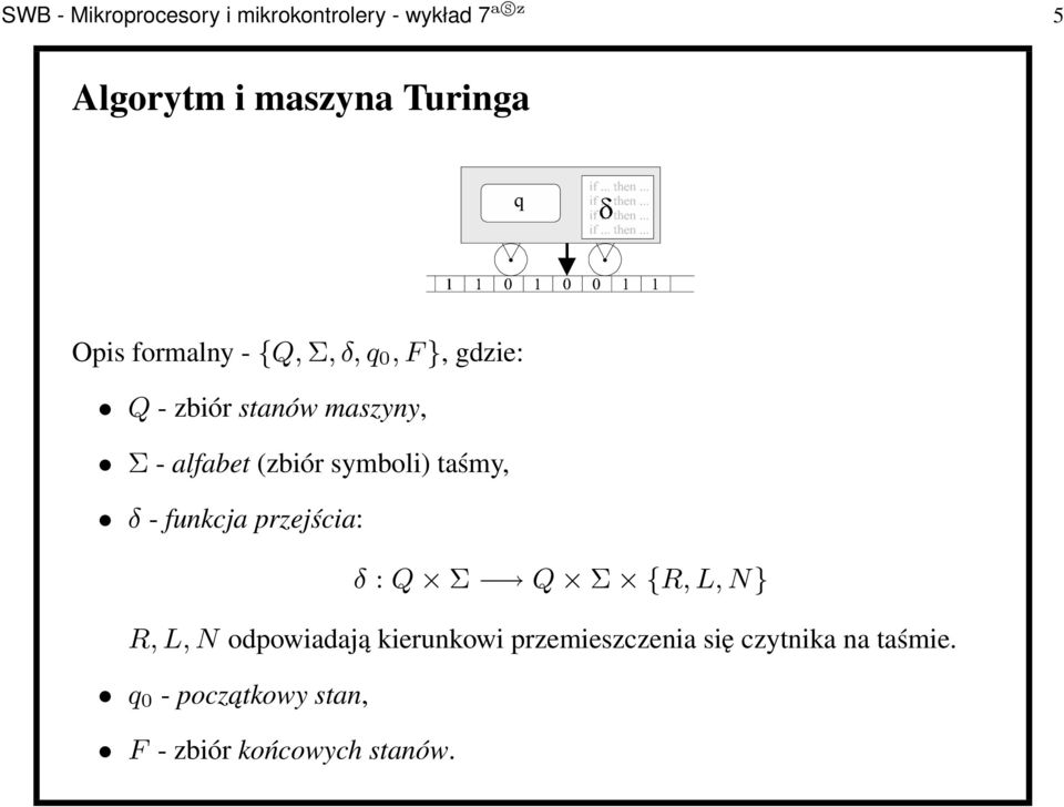 symboli) taśmy, δ - funkcja przejścia: δ:q Σ Q Σ {R,L,N} R,L,N odpowiadają kierunkowi