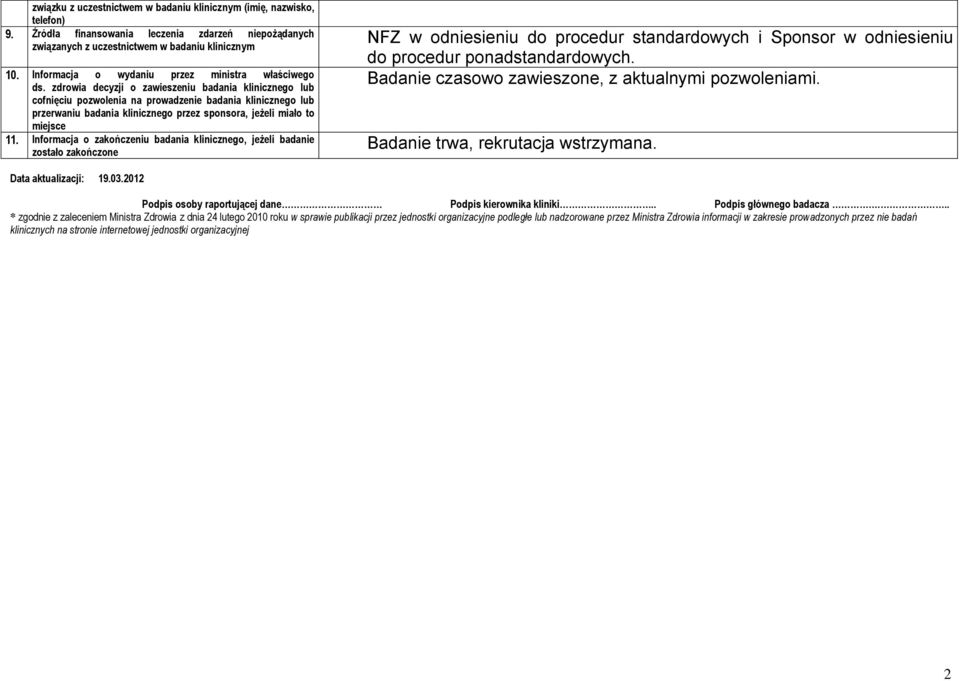 zdrowia decyzji o zawieszeniu badania klinicznego lub cofnięciu pozwolenia na prowadzenie badania klinicznego lub przerwaniu badania klinicznego przez sponsora, jeżeli miało to miejsce 11.