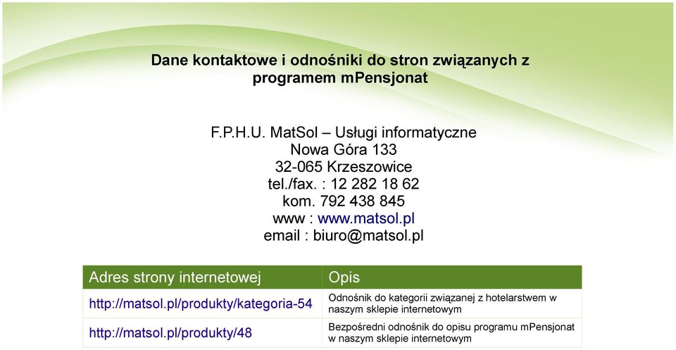 pl email : biuro@matsol.pl Adres strony internetowej http://matsol.pl/produkty/kategoria-54 http://matsol.