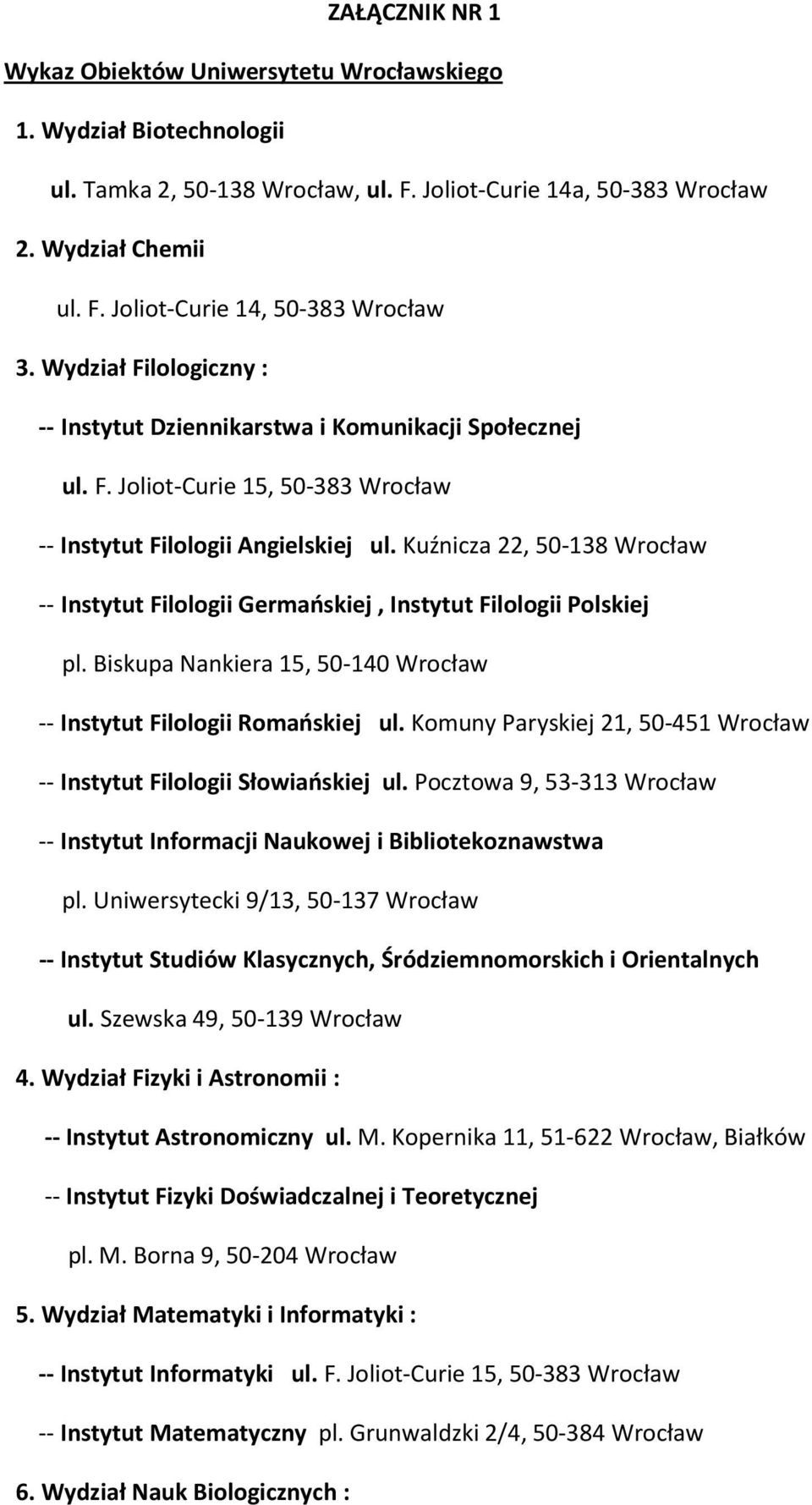 Kuźnicza 22, 50-138 Wrocław -- Instytut Filologii Germańskiej, Instytut Filologii Polskiej pl. Biskupa Nankiera 15, 50-140 Wrocław -- Instytut Filologii Romańskiej ul.