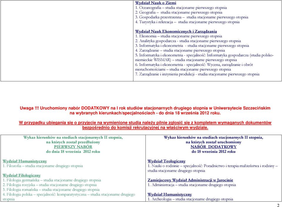 Informatyka i ekonometria - studia stacjonarne pierwszego 4. Zarządzanie studia stacjonarne pierwszego 5.