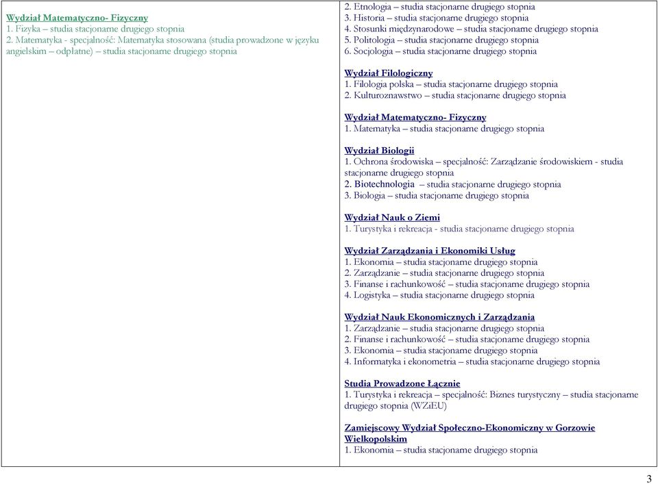 Socjologia studia stacjonarne drugiego 1. Filologia polska studia stacjonarne drugiego 2. Kulturoznawstwo studia stacjonarne drugiego 1. Matematyka studia stacjonarne drugiego Wydział Biologii 1.