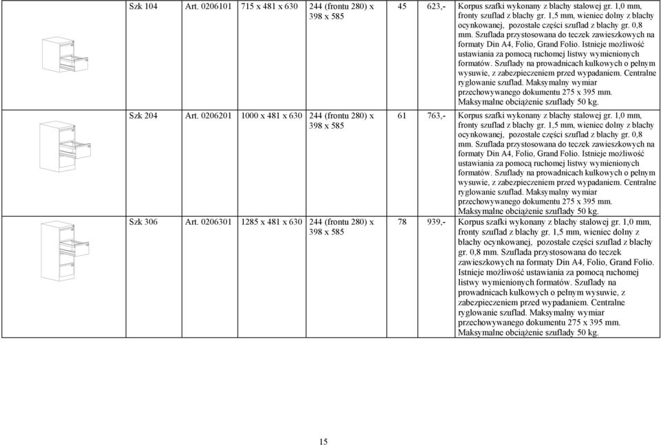 1,5 mm, wieniec dolny z blachy ocynkowanej, pozostałe części szuflad z blachy gr. 0,8 mm. Szuflada przystosowana do teczek zawieszkowych na formaty Din A4, Folio, Grand Folio.