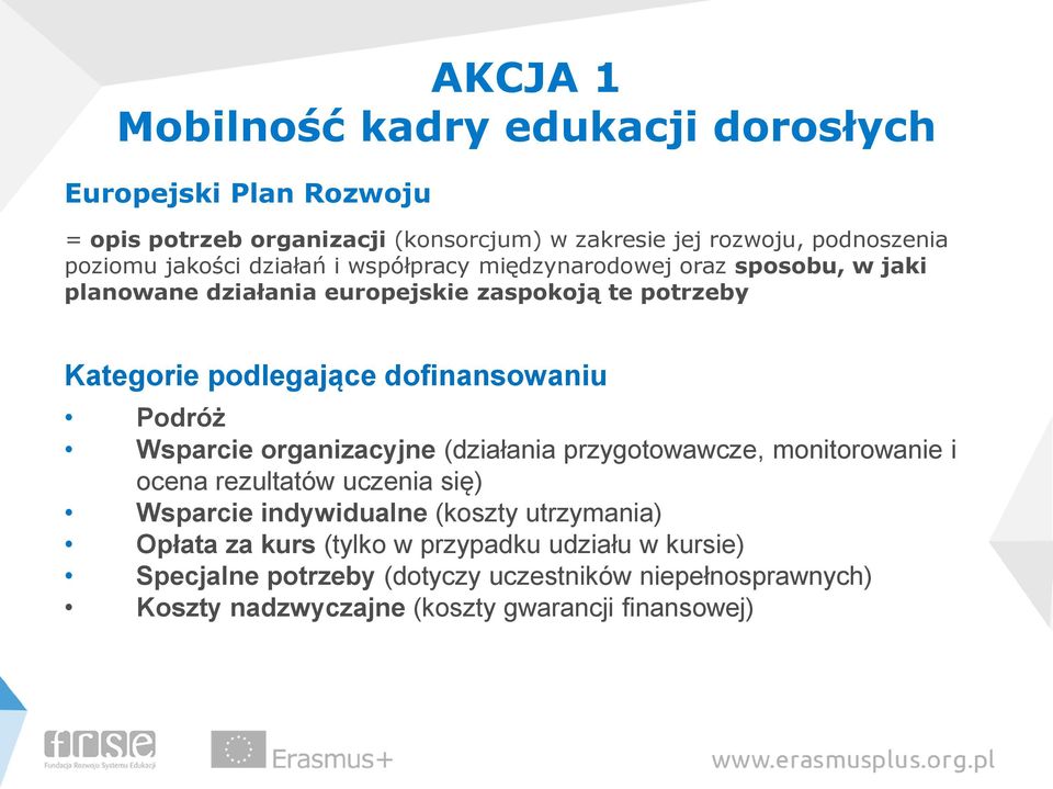 dofinansowaniu Podróż Wsparcie organizacyjne (działania przygotowawcze, monitorowanie i ocena rezultatów uczenia się) Wsparcie indywidualne (koszty