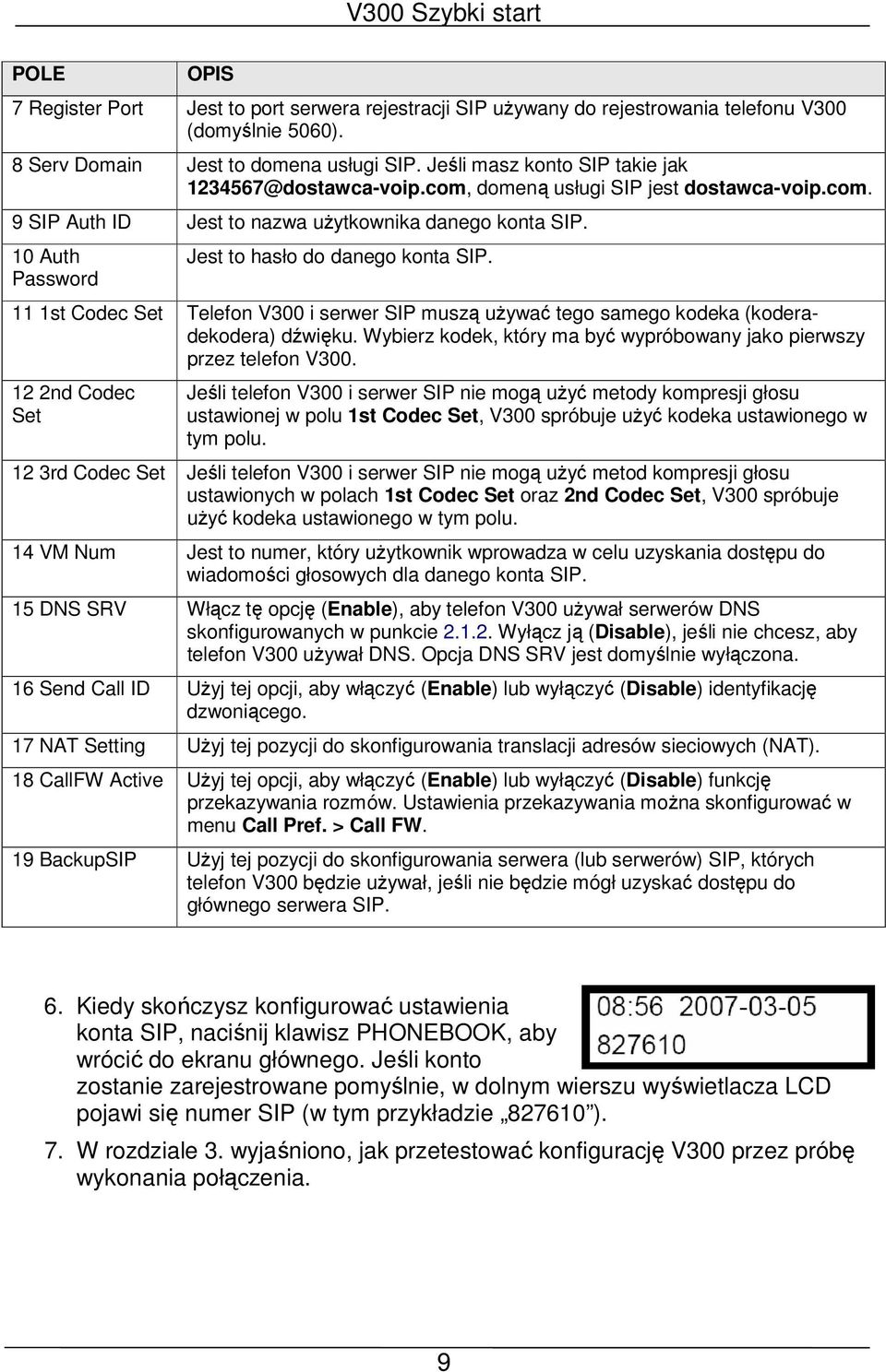 10 Auth Password Jest to hasło do danego konta SIP. 11 1st Codec Set Telefon V300 i serwer SIP muszą używać tego samego kodeka (koderadekodera) dźwięku.