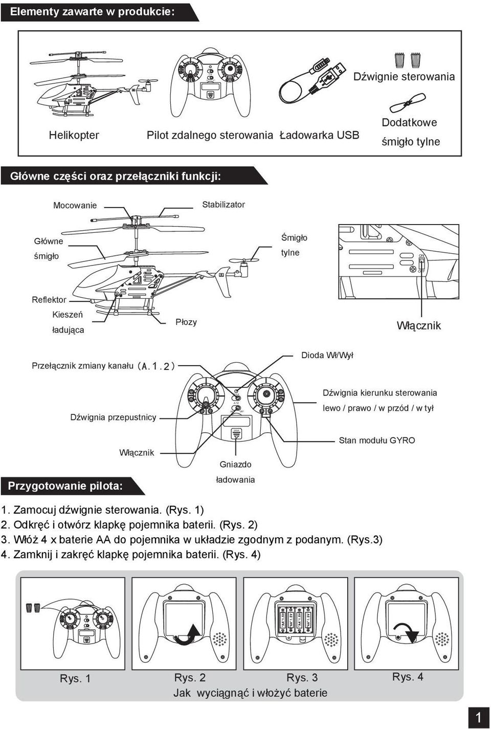 Gniazdo ładowania Dźwignia kierunku sterowania lewo / prawo / w przód / w tył Stan modułu GYRO 1. Zamocuj dźwignie sterowania. (Rys. 1) 2. Odkręć i otwórz klapkę pojemnika baterii.